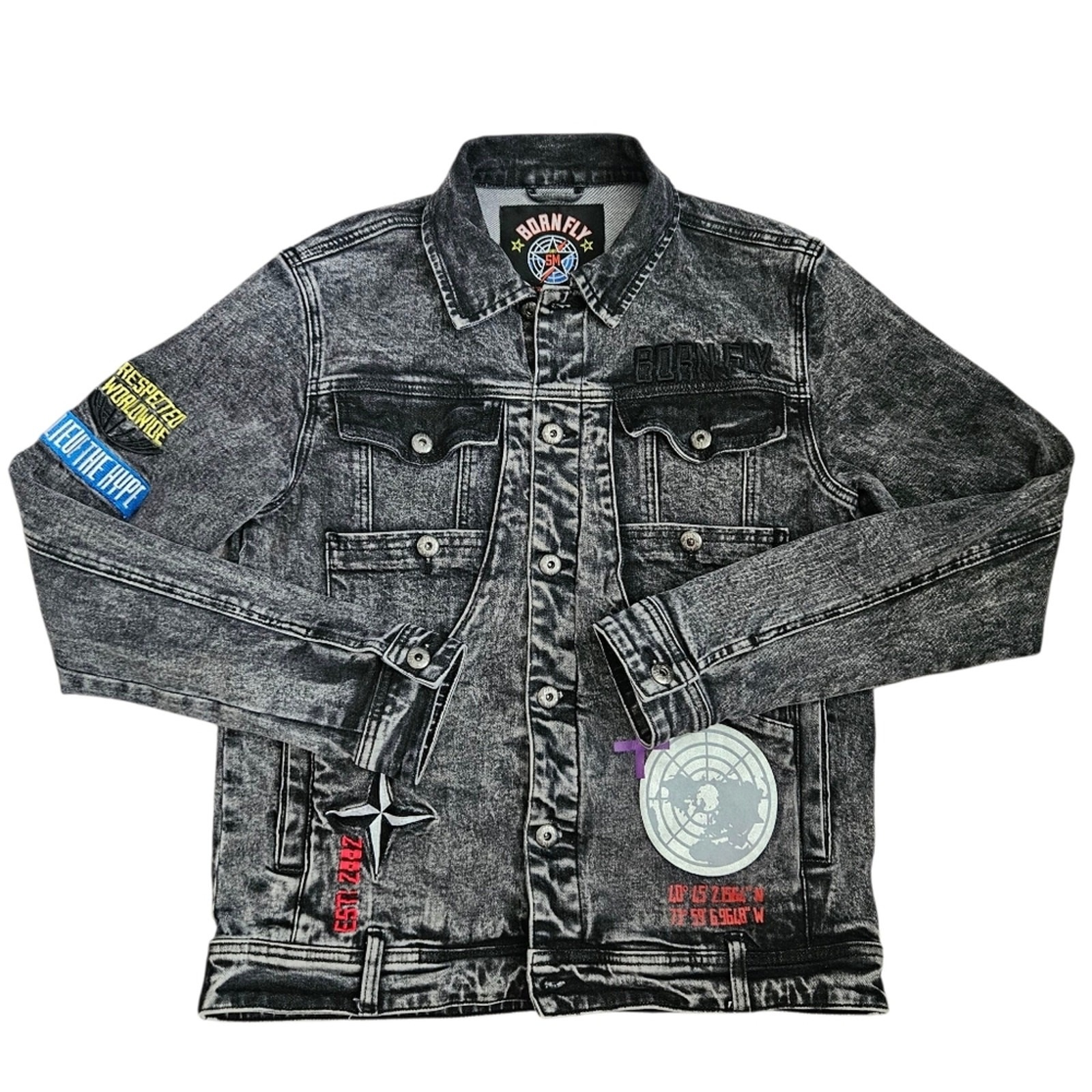 Born Fly Denim Jacket Acid Wash Patches Graphic Streetwear Jean Jacket Sm